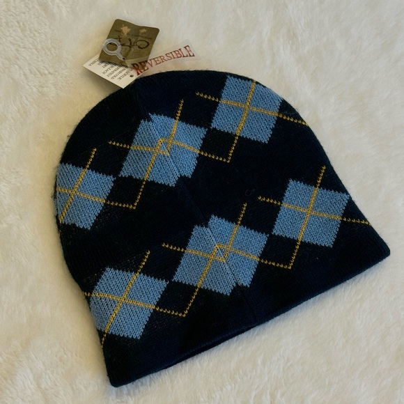 None Accessories - NWT Soft Argyle Knit Reversible Beanie - Blues and Yellow - New with Tags